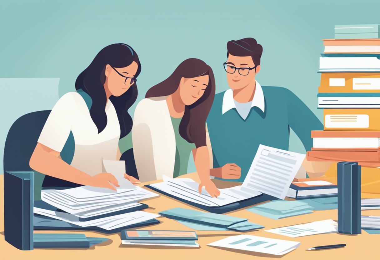 A group of employees gather around a table, discussing corporate gift options for maternity leave. A stack of FAQ documents sits in the center