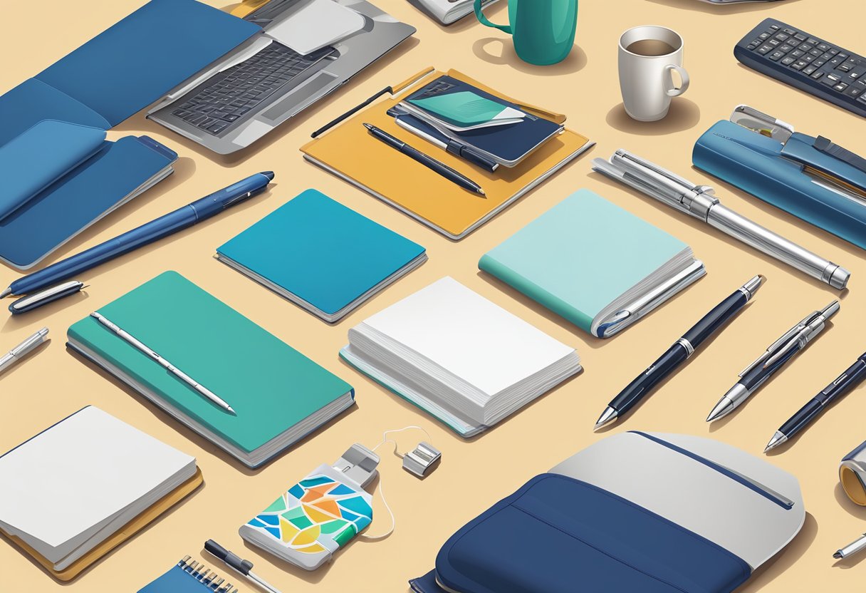 A table with a variety of corporate gift items such as branded pens, notebooks, and electronic gadgets displayed neatly