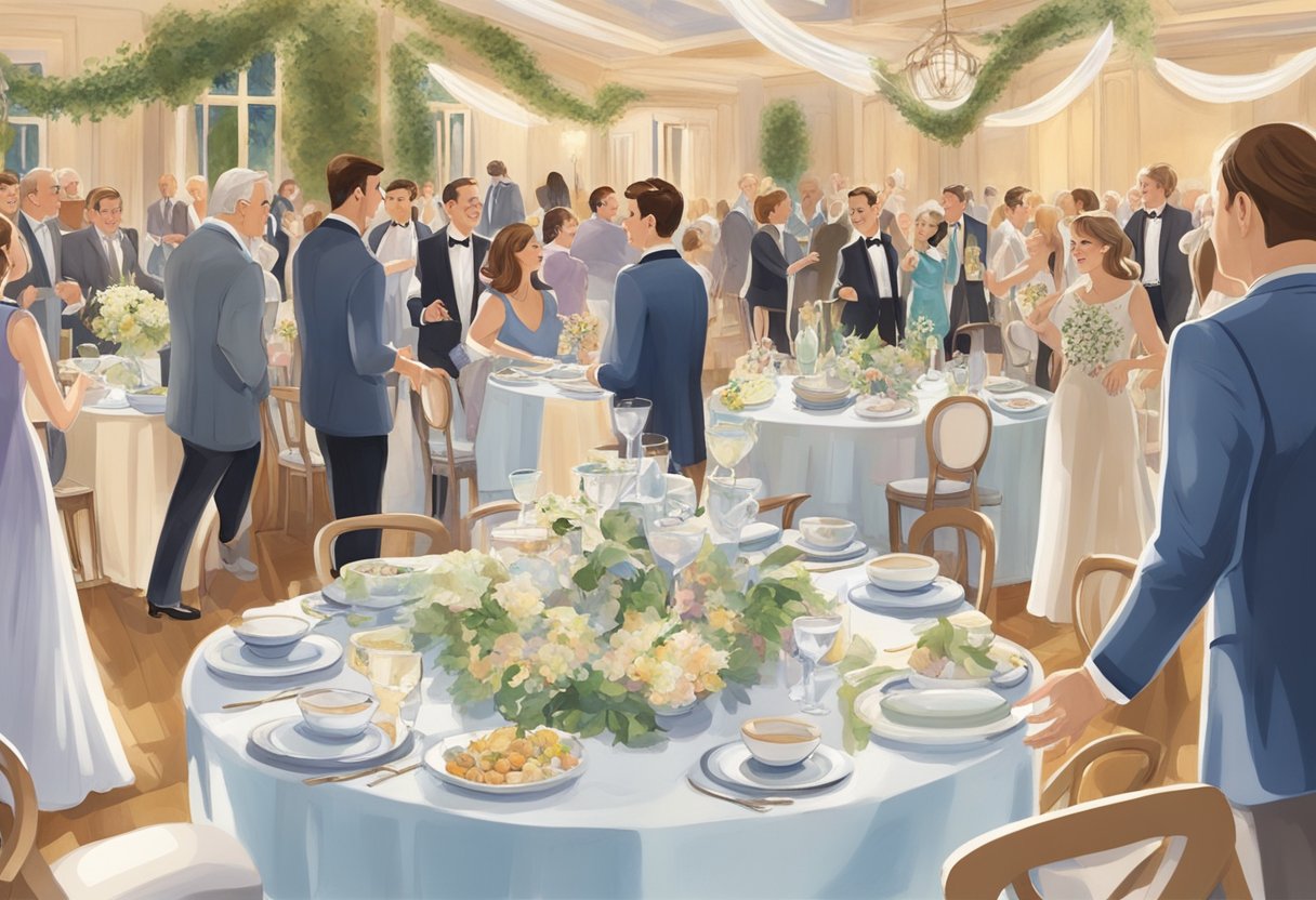 A table set with elegant dinnerware, surrounded by guests mingling and dancing. Gift bags and prizes displayed on a nearby table