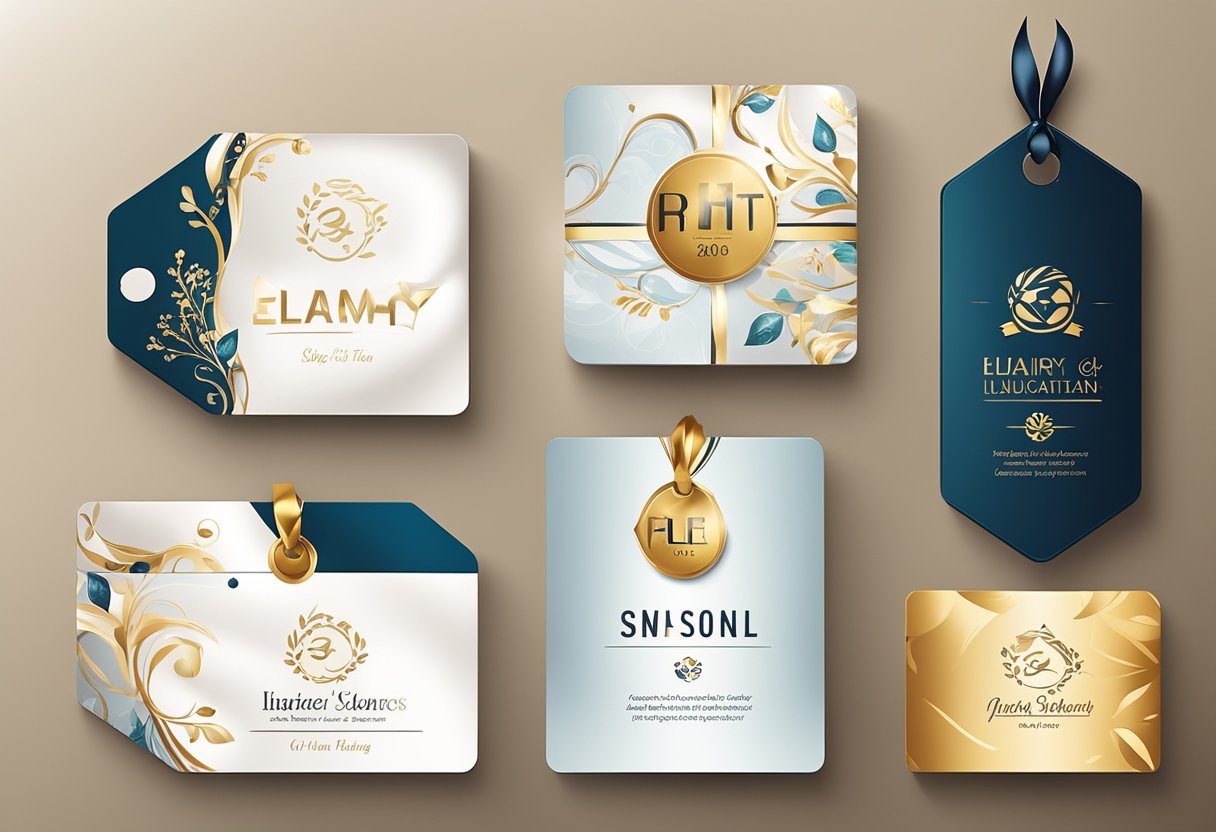 Gift labels with company logos and elegant designs arranged neatly on a table. Bright lighting highlights the glossy finish of the labels