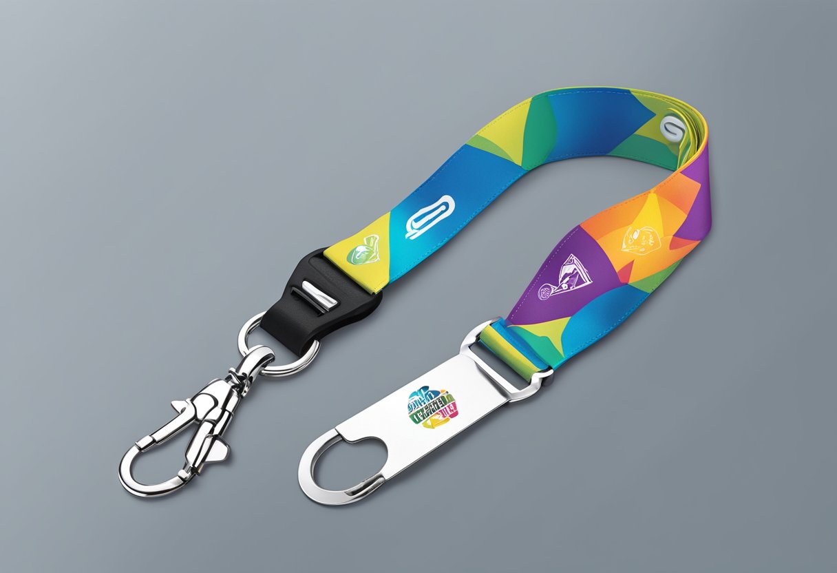 A colorful custom lanyard with a detachable clip and personalized logo hangs from a doorknob, showcasing its durability and professional look
