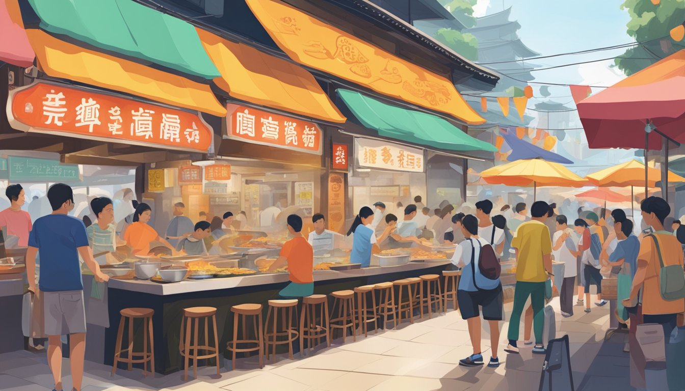 A bustling hawker stall at Lucky Plaza serves steaming fish soup amid colorful signage and bustling crowds