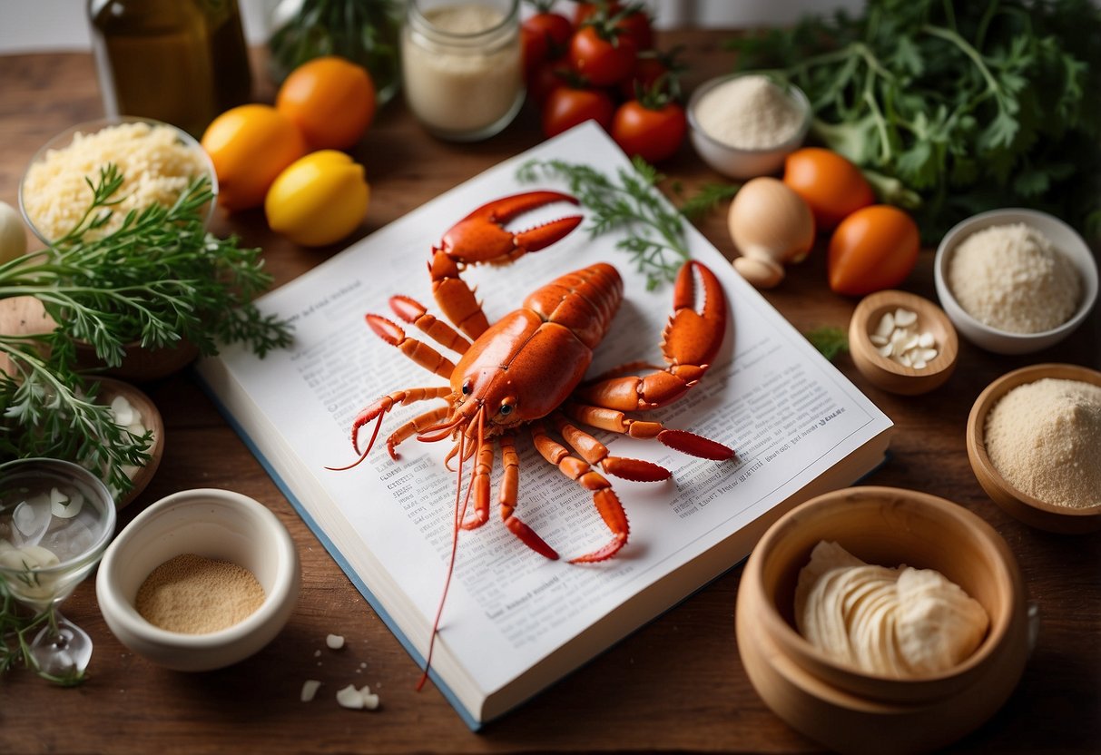 A lobster surrounded by various ingredients and cooking utensils, with a recipe book open to "Lobster Recipe Inspirations" on the kitchen counter