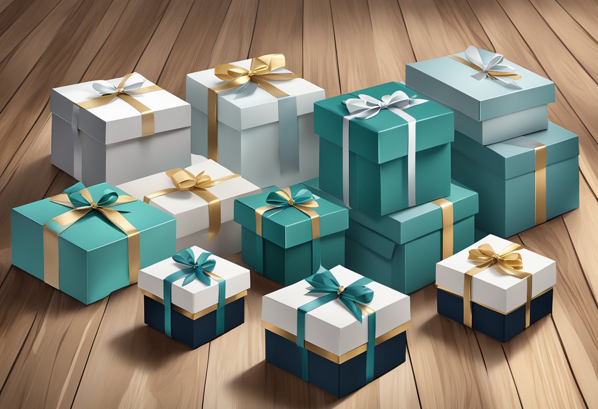 A stack of elegant gift boxes adorned with custom corporate labels, neatly arranged on a polished wooden table