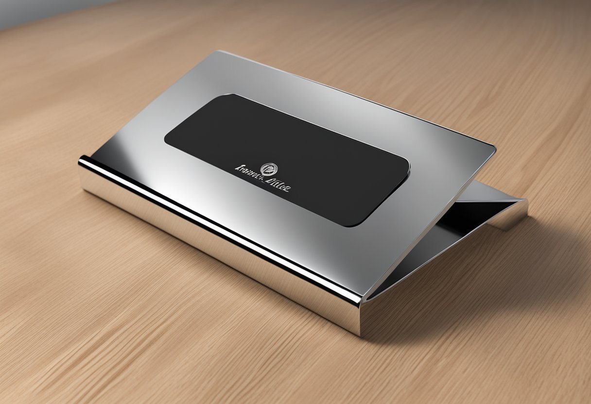 A sleek metal name card holder sits on a polished desk, adorned with the company's logo