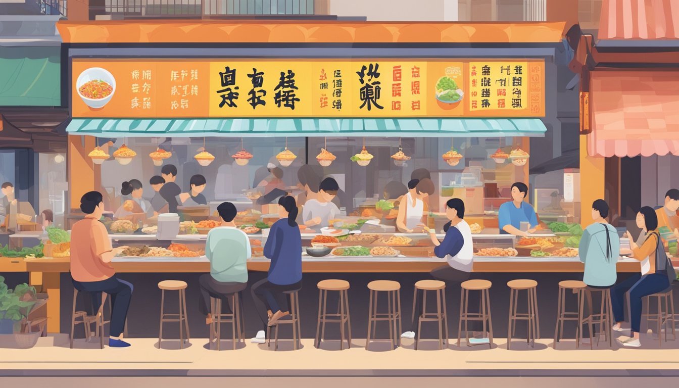 Customers savoring steaming bowls of fish soup at Lucky Plaza, surrounded by bustling food stalls and colorful signage