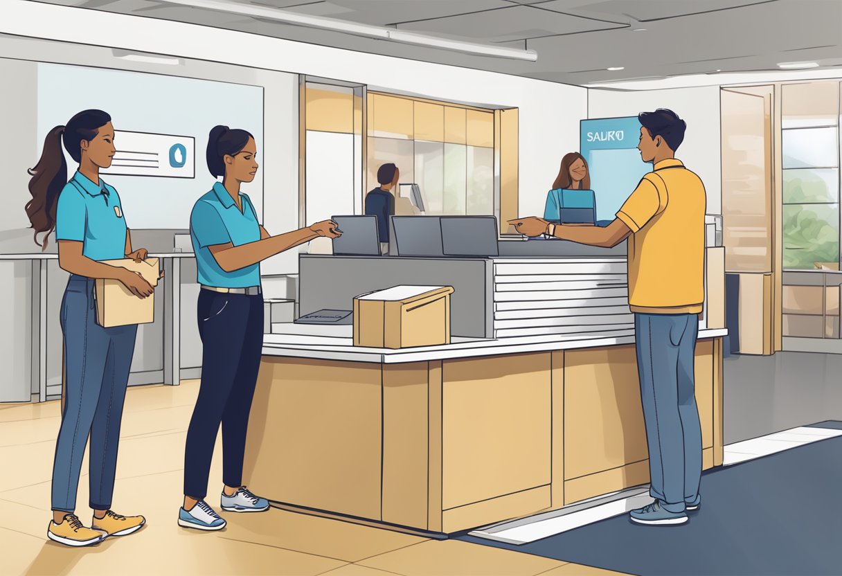 A hand reaches for a custom lanyard order form while a service information desk stands in the background