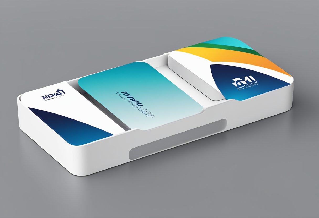 A sleek, modern name card holder on a desk with customizable options and company logo