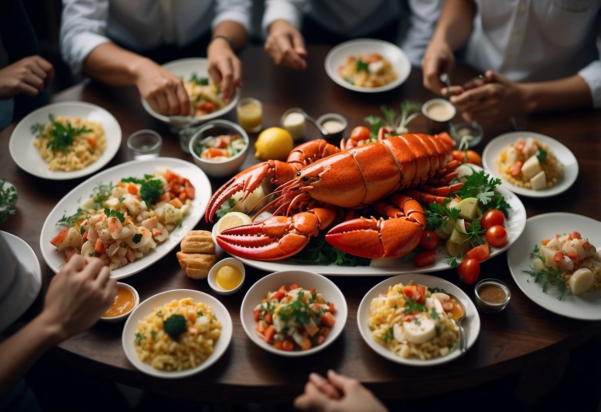 A table with a variety of lobster dishes, surrounded by people holding utensils and eagerly tasting the food