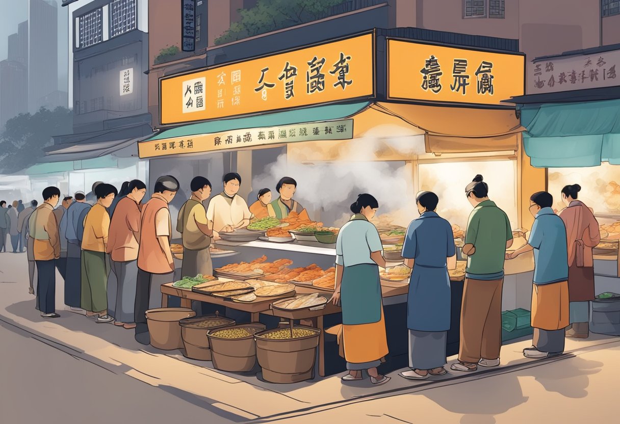 A bustling street market with vendors selling fresh fish and aromatic spices, customers lined up at the popular Lu Jia Fish Soup stall, steam rising from the savory broth