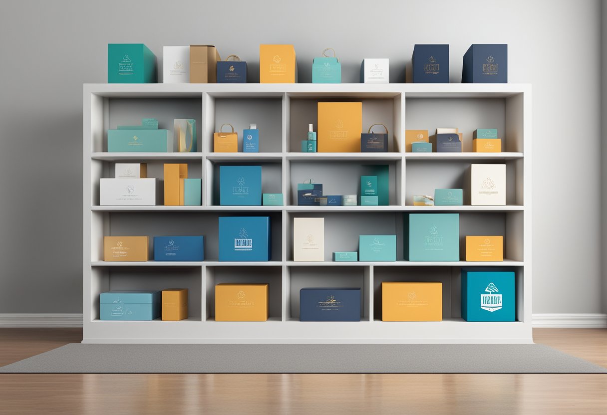 Custom corporate gift boxes arranged neatly on a sleek, modern display shelf. Each box is adorned with the company's logo and filled with luxurious items