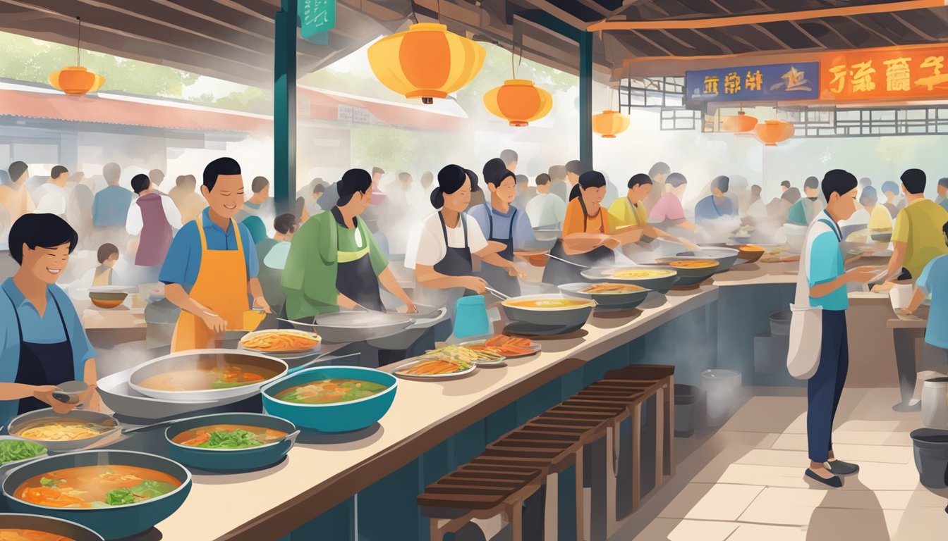 A bustling hawker center with colorful signage and steaming bowls of fish soup being served to eager customers