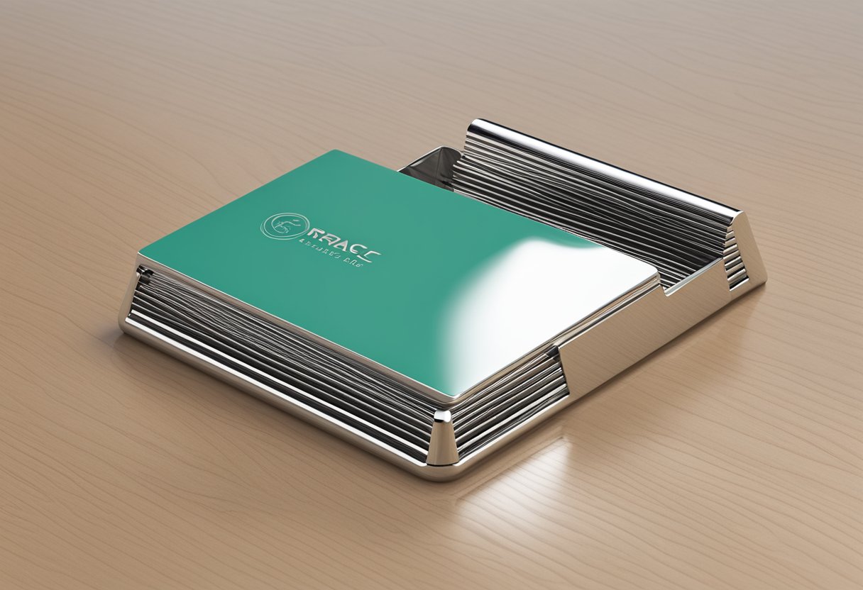 A sleek, modern name card holder sits on a polished desk, with the Practical Aspects logo subtly engraved on the front