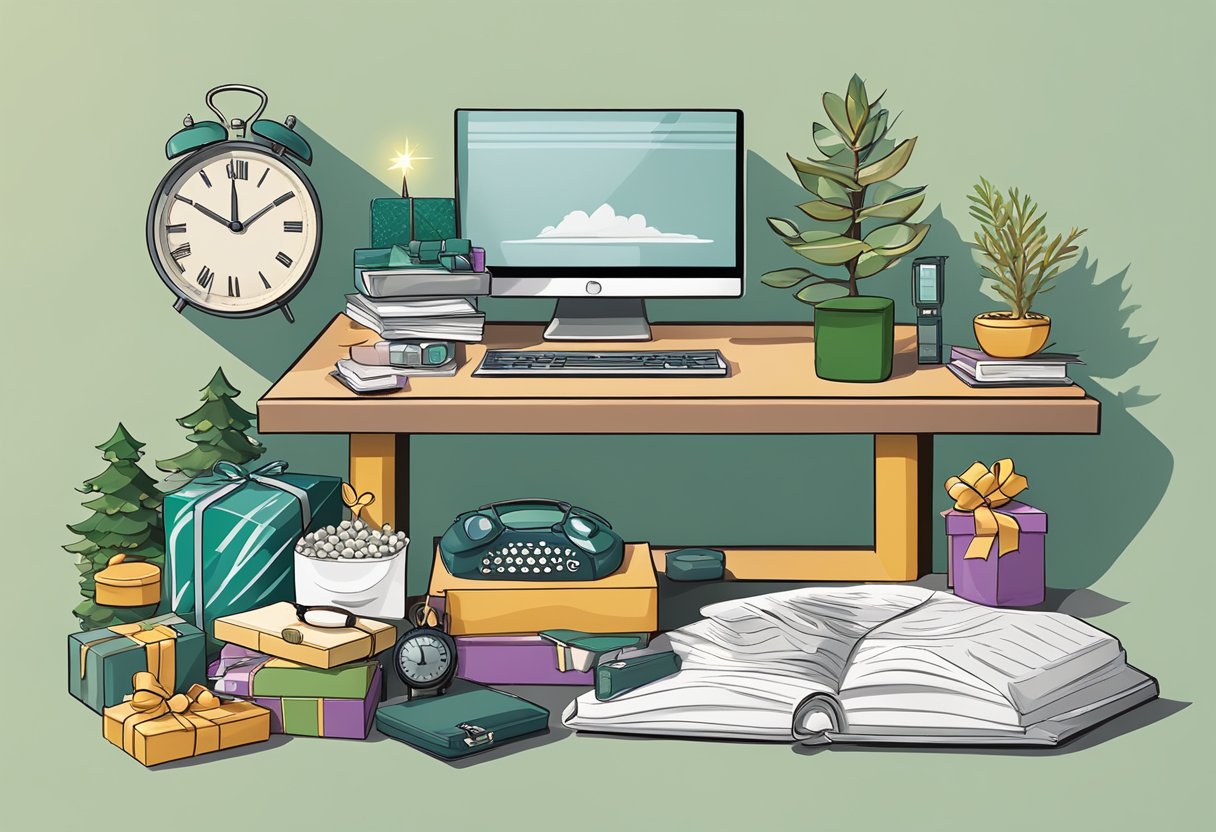 A pile of quirky corporate Christmas gifts, including a mini zen garden, a personalized bobblehead, and a novelty desk clock
