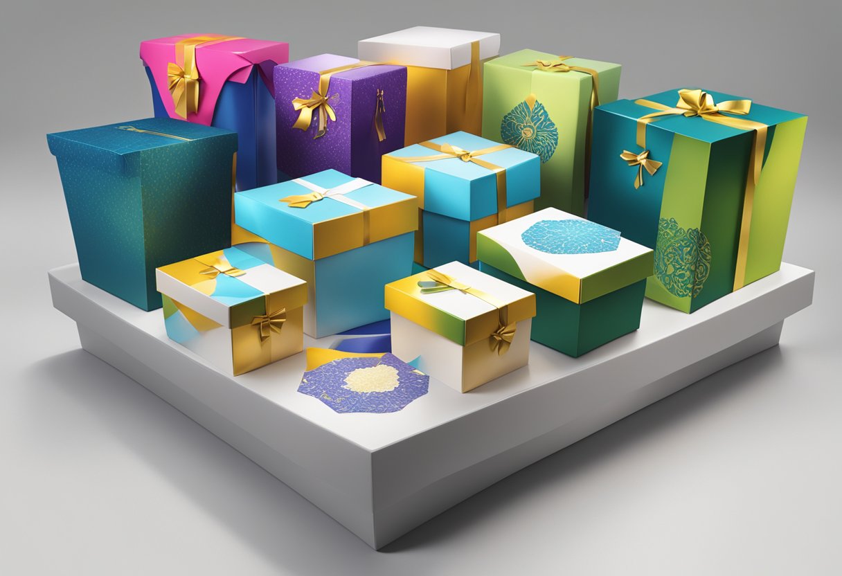 A table is covered with various custom corporate gift boxes in different sizes and colors, each adorned with the company's logo and elegant designs