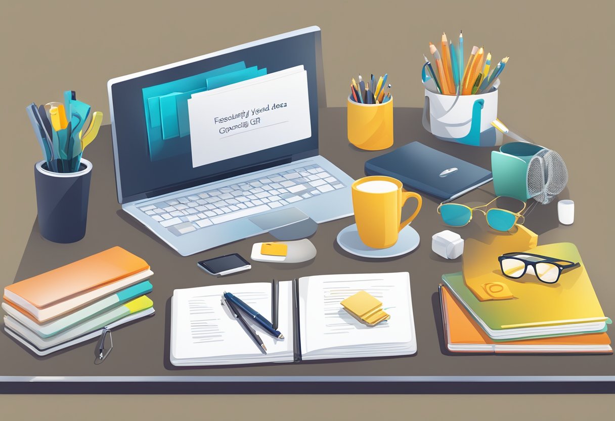 A table adorned with various corporate gift items, such as branded mugs, notebooks, and tech gadgets, with a sign reading "Frequently Asked Questions corporate gift ideas."