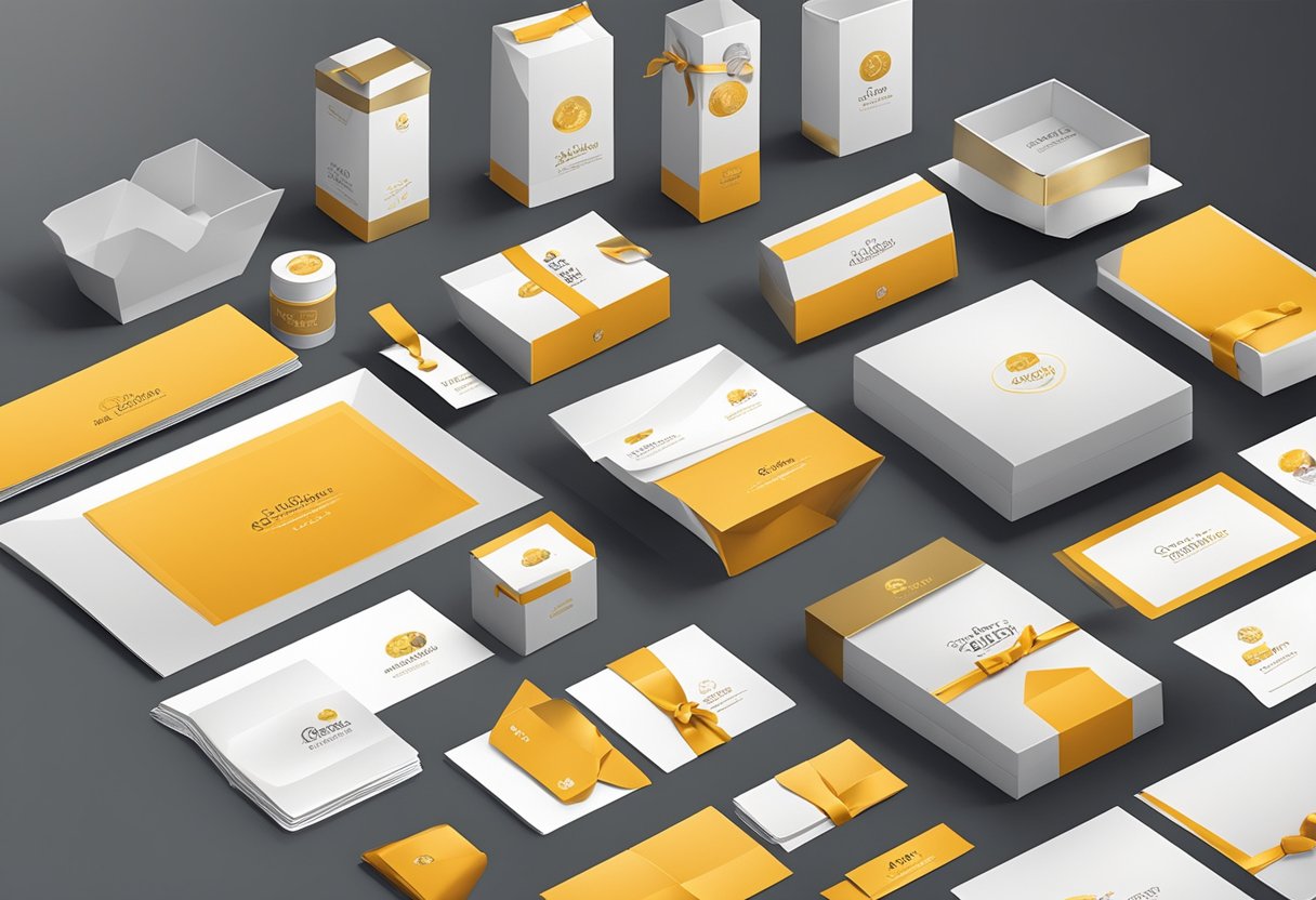 A table with neatly arranged corporate gift labels and packaging materials. A professional setting with branding and logo visible