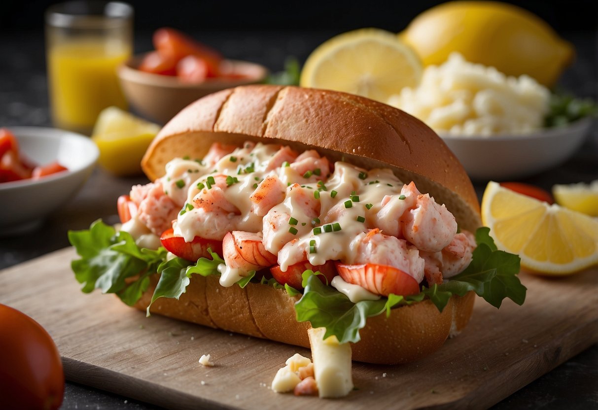 A lobster roll being assembled with fresh lobster meat, mayonnaise, lemon juice, and buttered roll