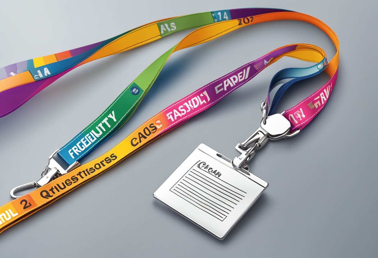 A lanyard with "Frequently Asked Questions" text, colorful and durable material, and a sturdy metal clip
