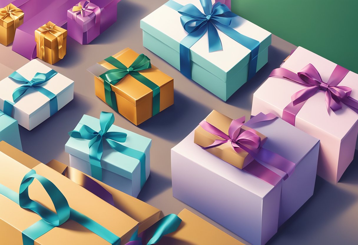 A group of unique and innovative corporate Christmas gifts displayed on a sleek, modern table with a festive background
