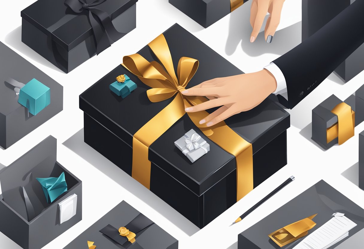 A hand reaches into a sleek, black gift box, carefully selecting and arranging items to create a personalized and memorable corporate gift experience
