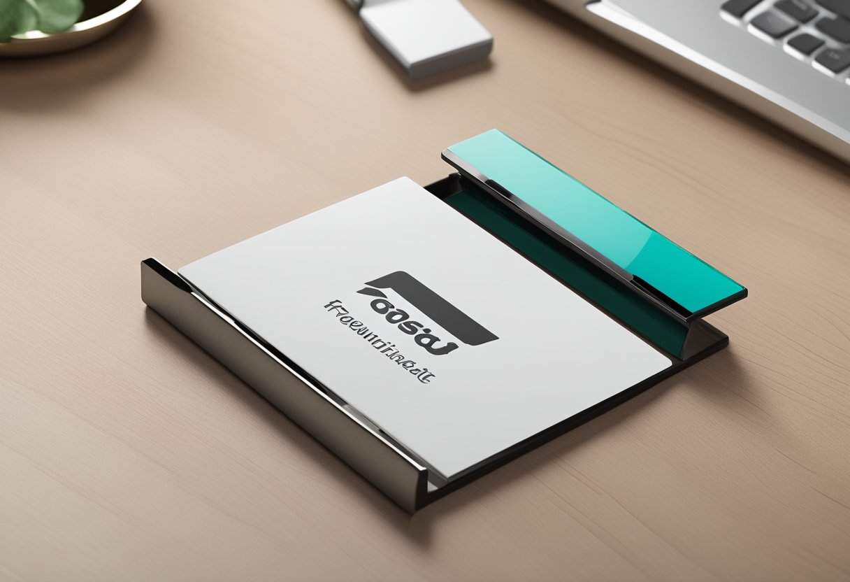 A sleek, modern name card holder sits on a desk with the words "Frequently Asked Questions corporate gift" displayed prominently
