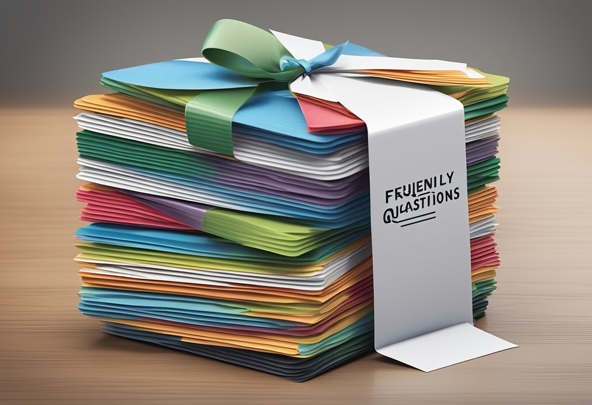 A stack of corporate gift labels arranged neatly with a "Frequently Asked Questions" heading prominently displayed