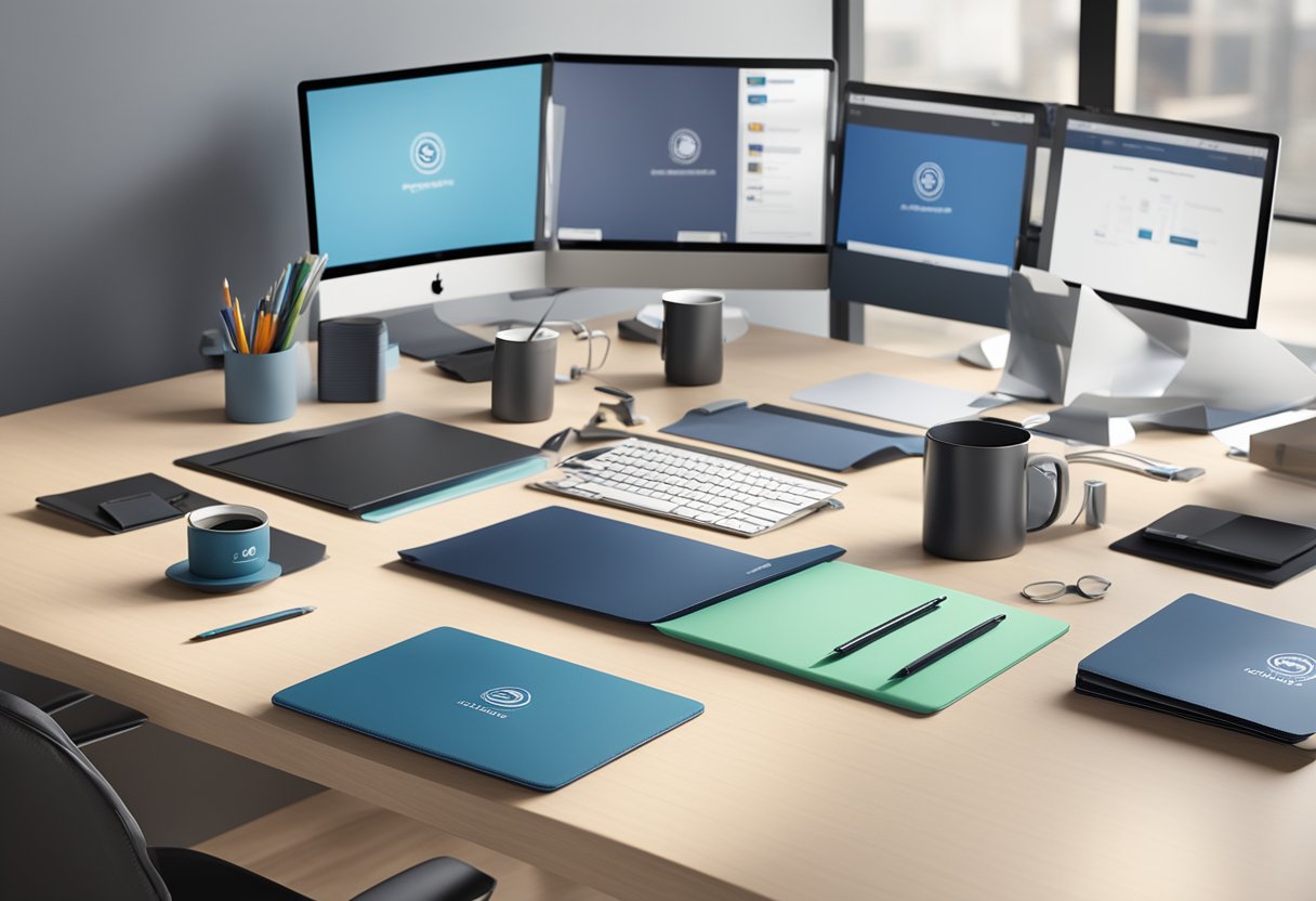 A group of corporate gifts neatly arranged on a sleek office desk with the company logo prominently displayed in the background