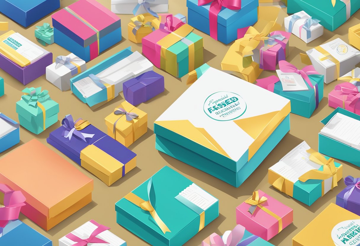 A stack of custom corporate gift boxes with "Frequently Asked Questions" printed on them, surrounded by office supplies and a branded ribbon