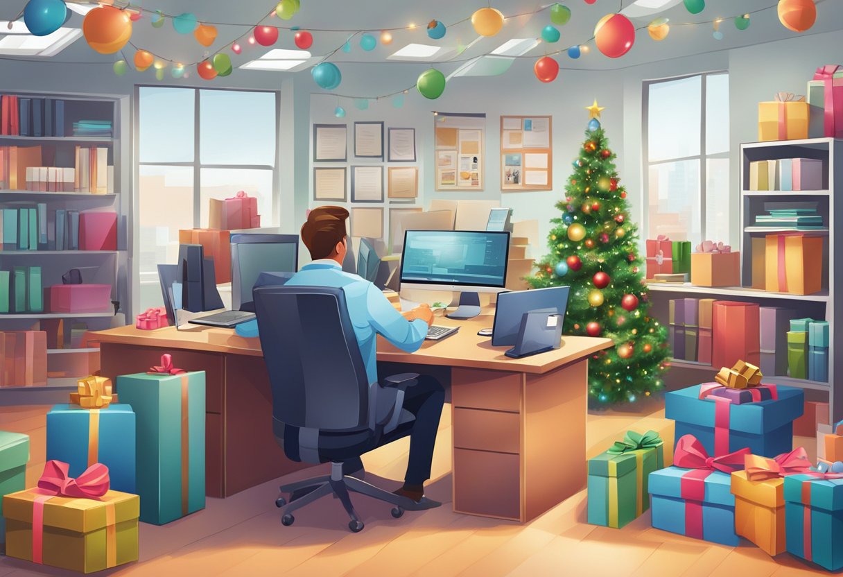 A festive office setting with unique gifts displayed and curious employees asking questions