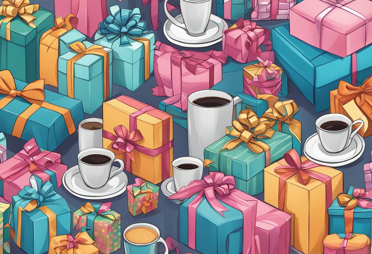 Colorful custom gifts arranged on a table with decorative wrapping and ribbons. Personalized items like mugs, keychains, and ornaments are displayed