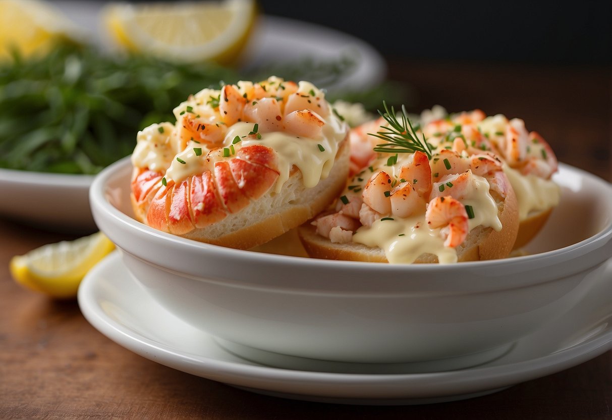 Lobster meat, mayo, lemon juice, and seasoning mixed in a bowl. Buttered and toasted split-top buns filled with the mixture. A sprinkle of chives on top