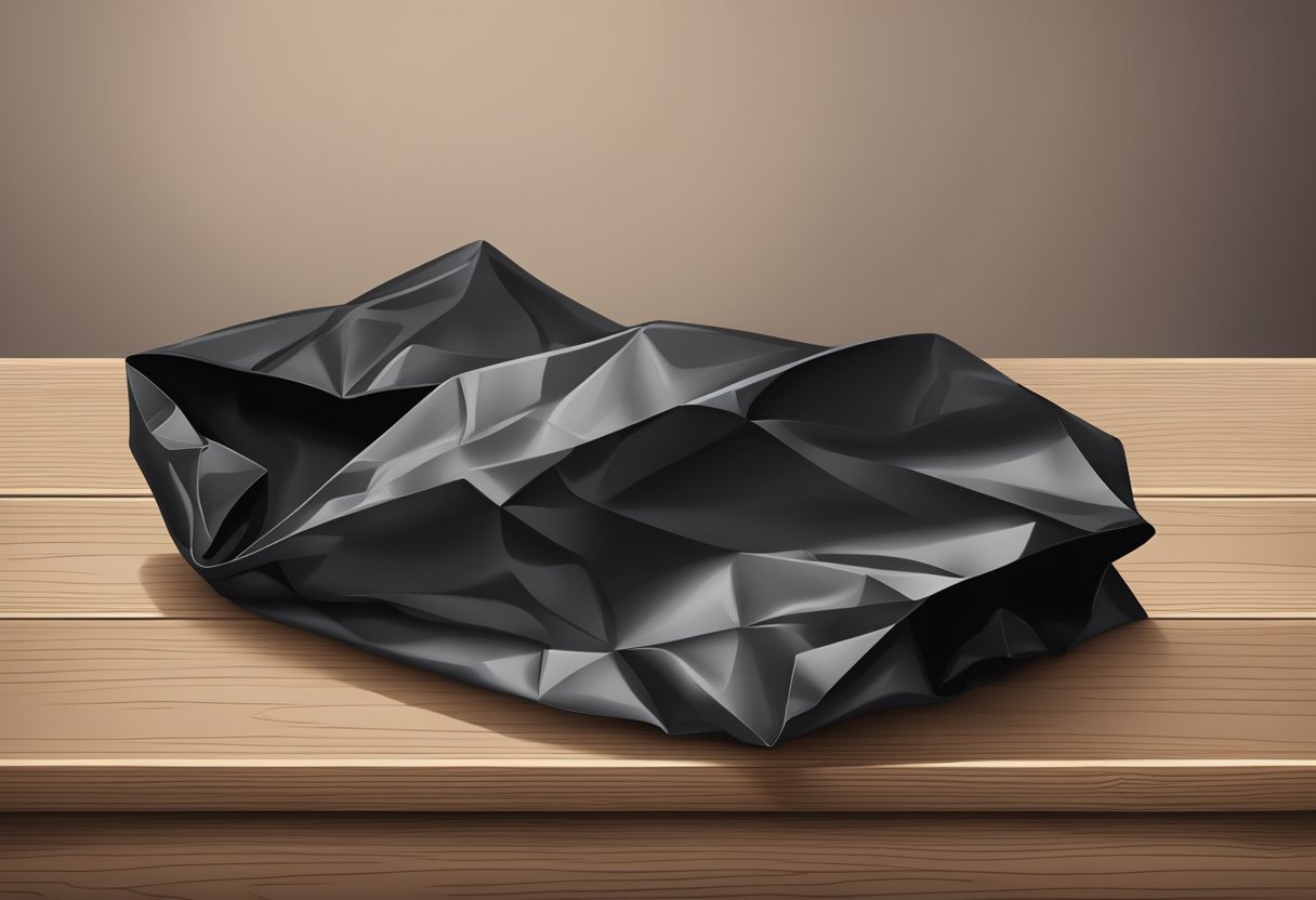 A black paper bag sits on a wooden table, crumpled and slightly open at the top