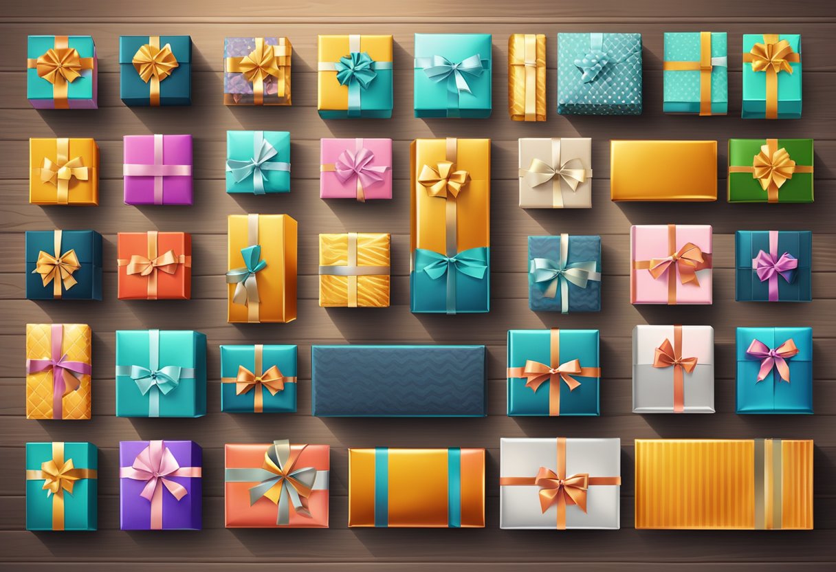 Shiny corporate gift boxes arranged neatly on a polished wooden table