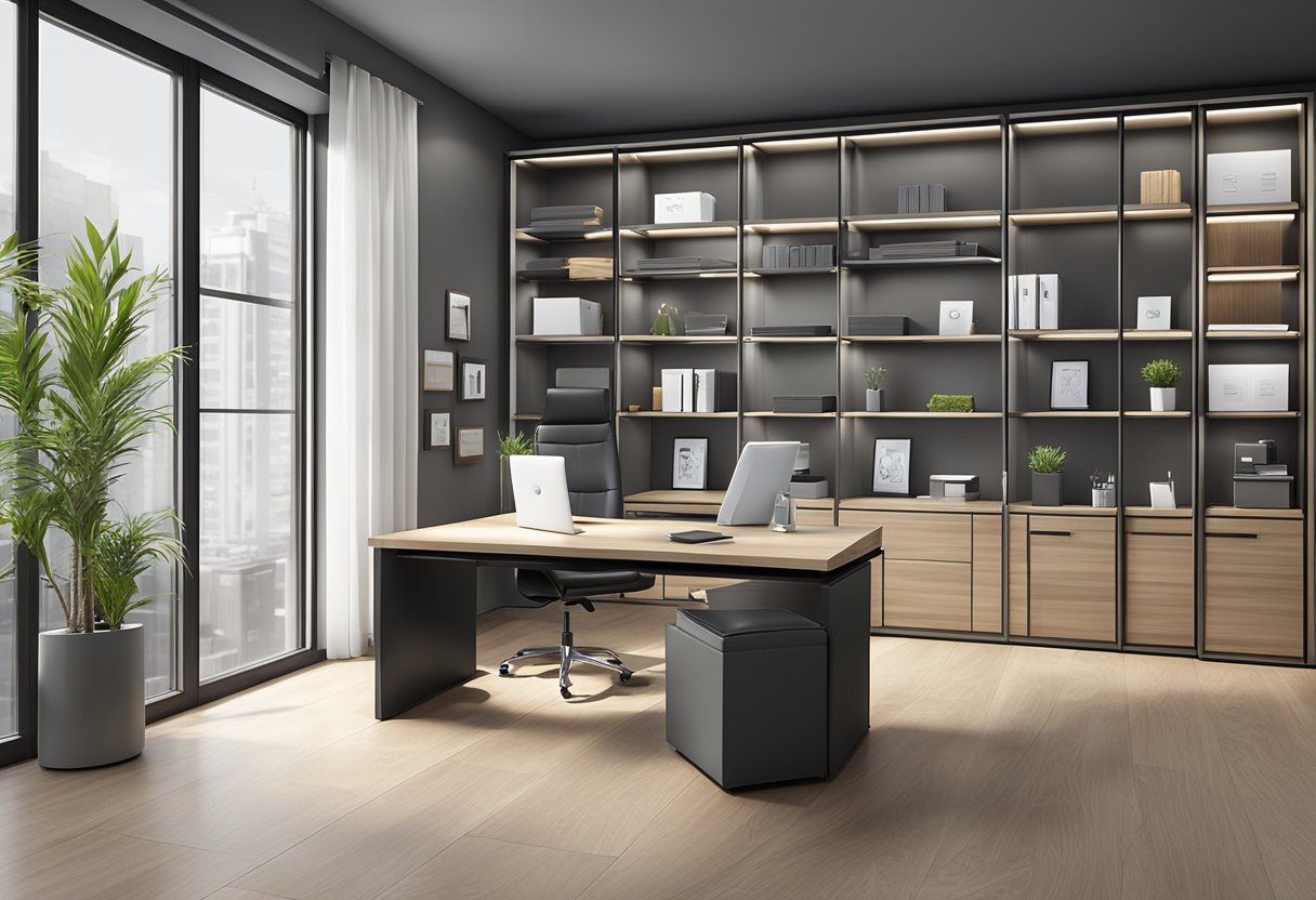 A sleek, modern office space with branded corporate gifts neatly organized on shelves and display tables. An atmosphere of professionalism and efficiency is evident in the layout and presentation of the gifts