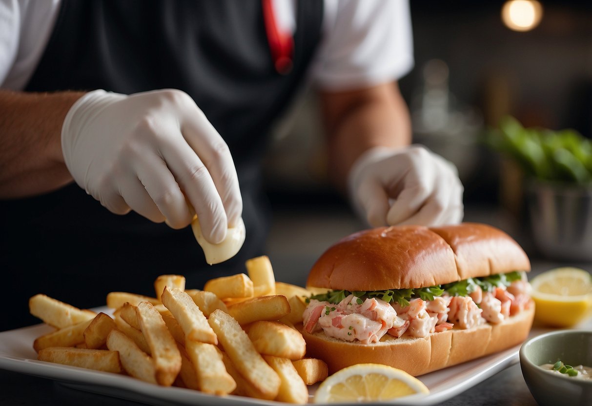 A chef prepares a classic lobster roll, assembling a buttered and toasted split-top bun filled with chunks of fresh lobster meat, mixed with mayonnaise, lemon juice, and seasonings, served alongside a side of fries and a pickle