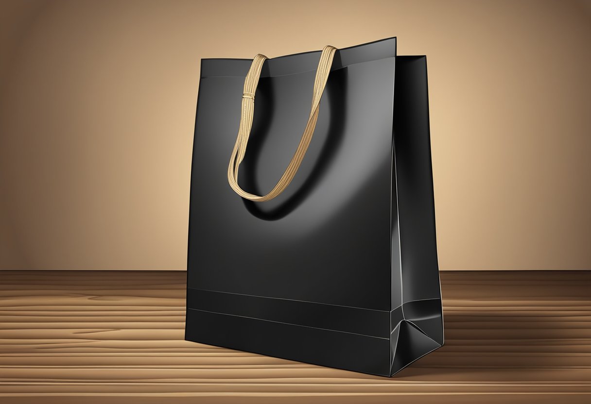 A black paper bag lies on a wooden table, its sleek design and material waiting to be illustrated