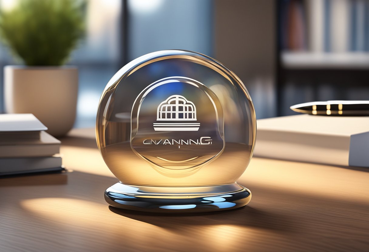 A sleek glass paperweight with the company logo sits on a polished wooden desk, bathed in the warm glow of an office lamp