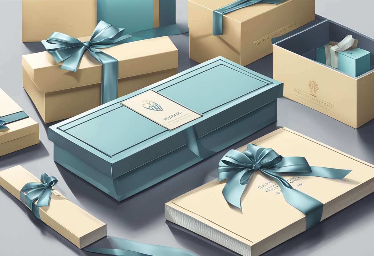 A sleek, modern gift box sits on a desk, adorned with the company's logo and filled with high-quality items. A ribbon in the company's signature color is elegantly tied around the box