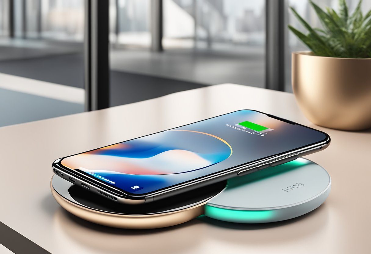 Branded wireless chargers arranged in a sleek, modern display