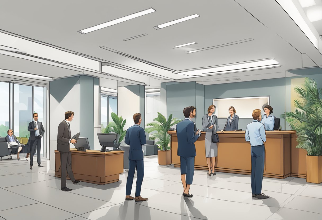 A bustling office lobby with a reception desk, people in business attire, and a prominent sign reading "Frequently Asked Questions corporate gift anson road."