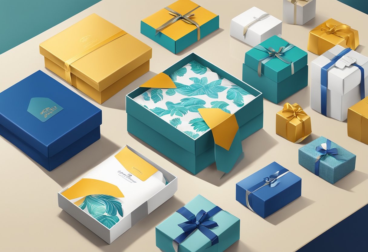 A table adorned with elegant corporate gift boxes, displaying a variety of high-quality products and branded items