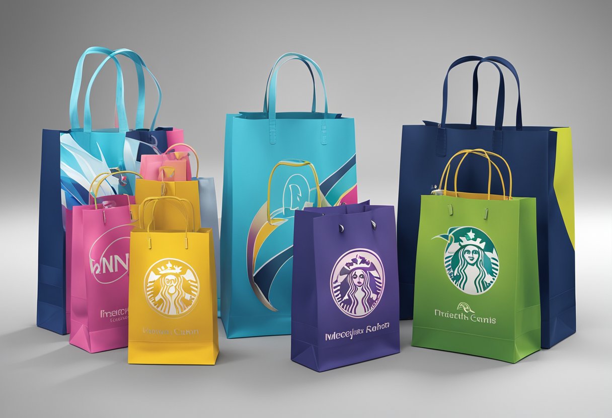 A table displays branded gift bags in a corporate setting. The bags feature a prominent logo and are neatly arranged for distribution