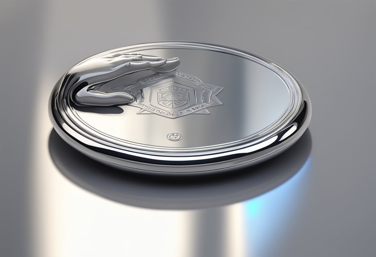 A hand reaches for a sleek, silver paperweight on a polished desk, with the company logo engraved on its surface