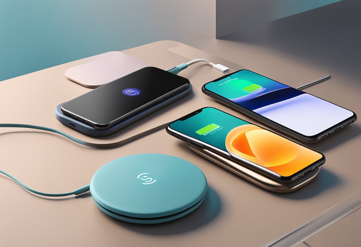 Multiple branded wireless chargers arranged on a sleek, modern surface with minimalistic decor in the background