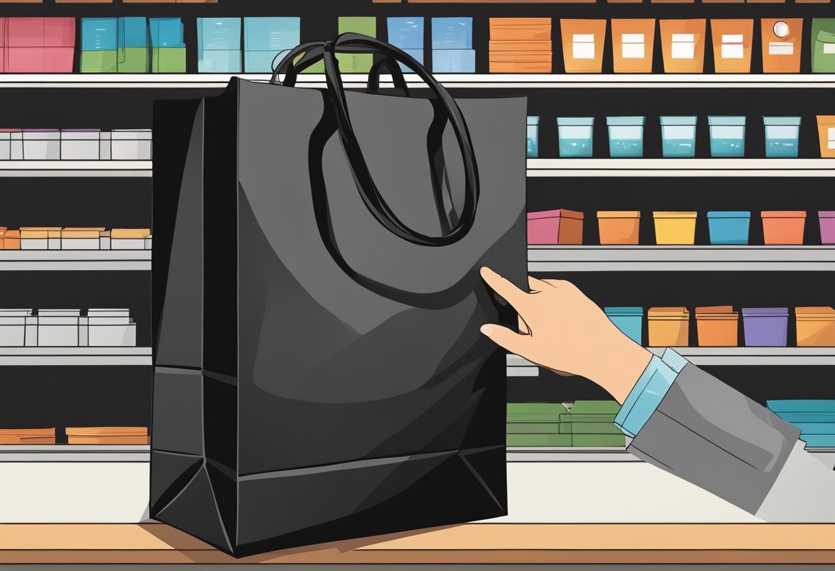 A hand reaches for a black paper bag on a store shelf. The bag is plain with no visible branding