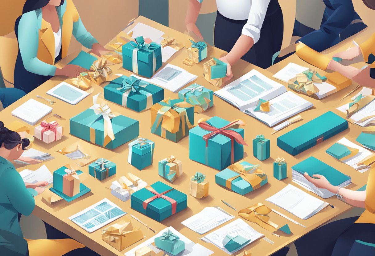 A table with various gift box designs, ribbons, and customisation tools. A team of planners discussing and arranging different corporate gift box options