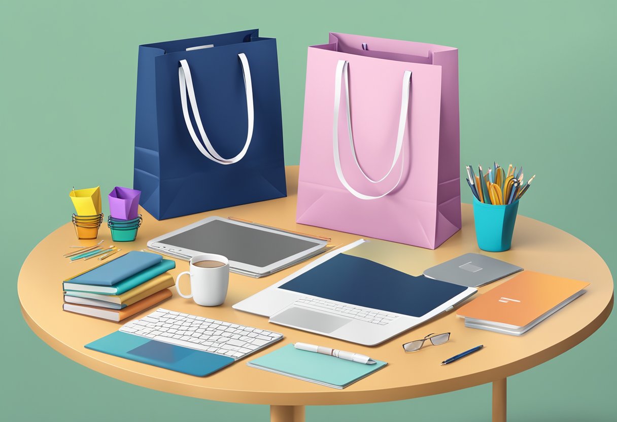 A table displays branded gift bags with logo, surrounded by office supplies and a laptop