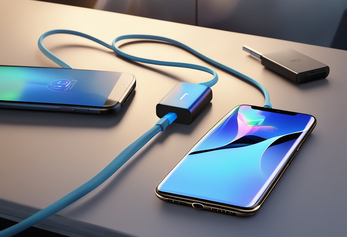 A corporate gift charging cable with LED lights is plugged into a sleek, modern device. The cable is illuminated with a soft, ambient glow, creating a visually appealing and functional scene