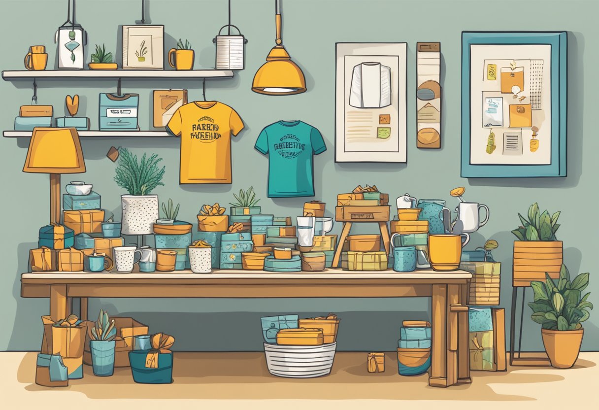 A table with various custom gifts on display, including mugs, t-shirts, and personalized items. A sign reads "Frequently Asked Questions" above the table